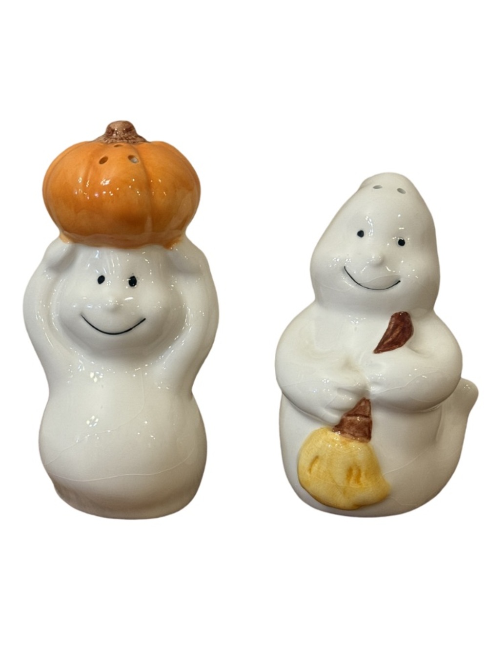 King May Halloween Ghost Salt & Pepper Shaker Set - Vintage Pumpkin & Broom VTG